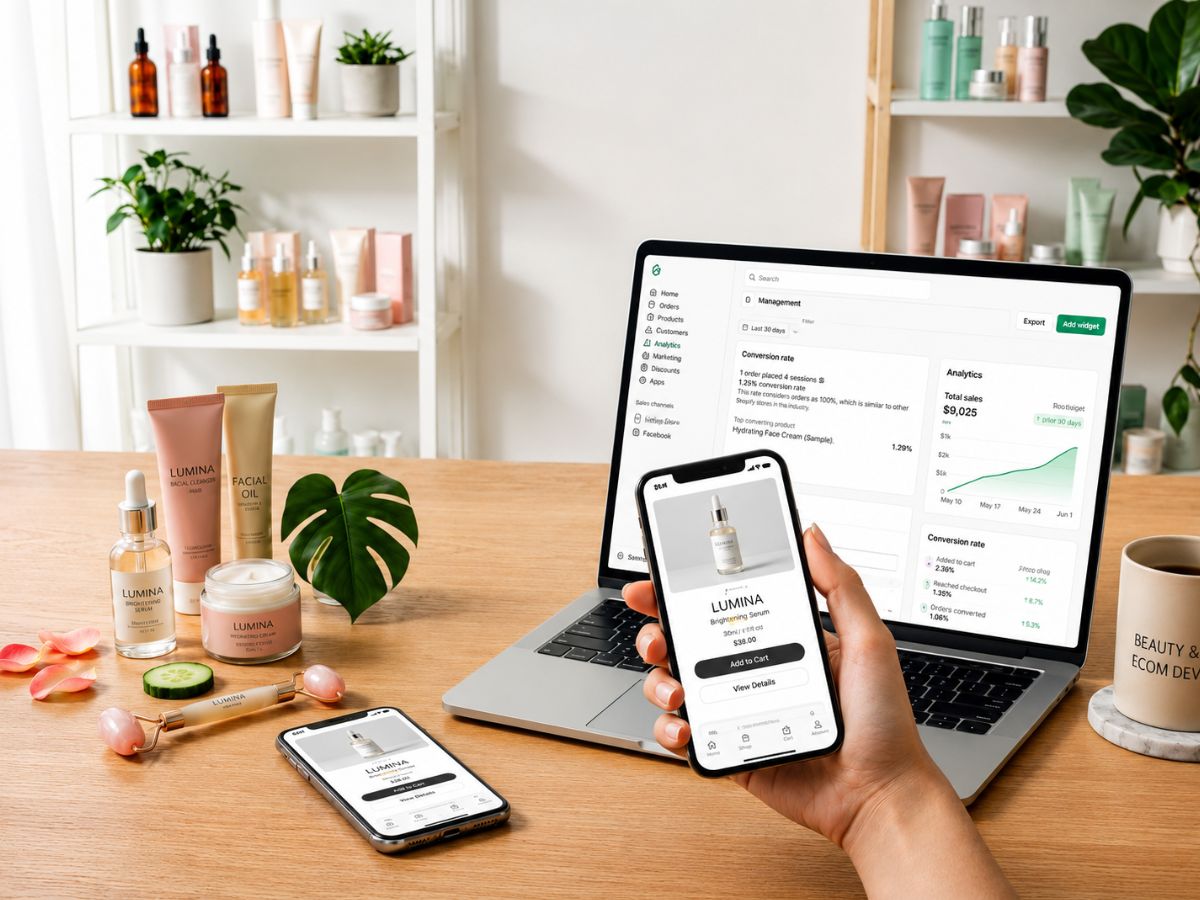 Beauty and skincare e-commerce website displayed on laptop and smartphone with product listings, analytics dashboard, and skincare products on a modern workspace.