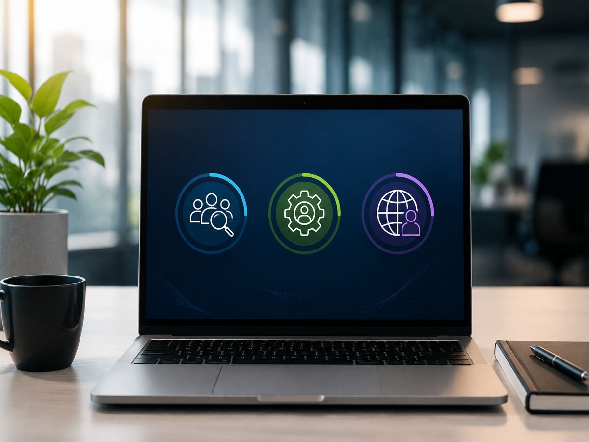 Corporate workspace with laptop showcasing IT staff augmentation, managed services, and full outsourcing engagement models for technology teams.