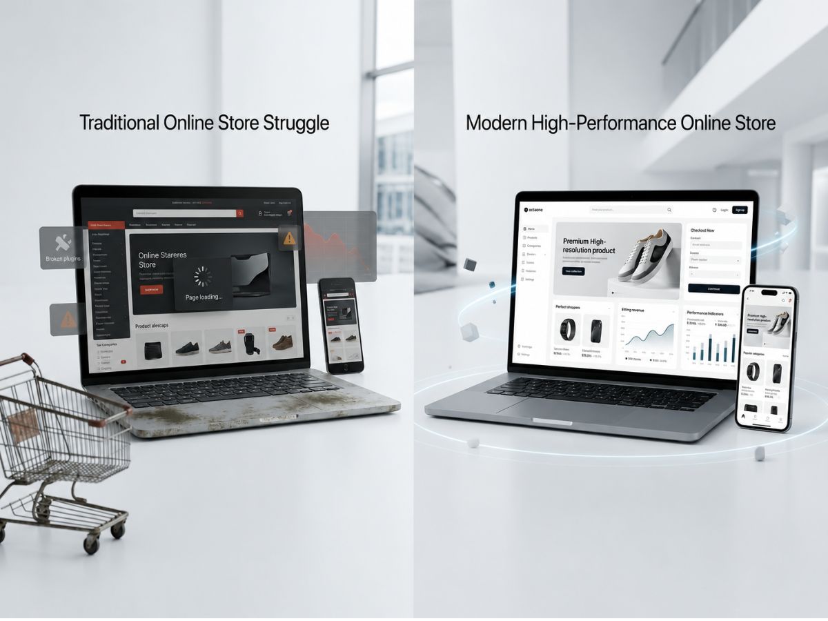 Side by side comparison of a slow traditional online store with loading issues and broken plugins versus a modern high performance ecommerce store with fast loading, responsive design, and optimized shopping experience across desktop and mobile devices.