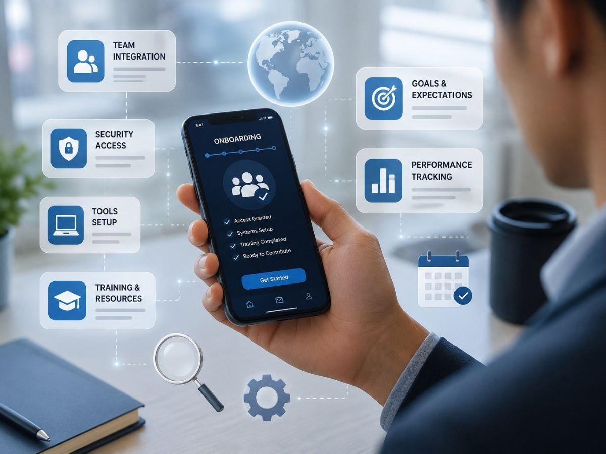 Professional onboarding process for augmented IT staff showing team integration, security access, tools setup, training resources, performance tracking, and goal alignment through a digital onboarding platform.