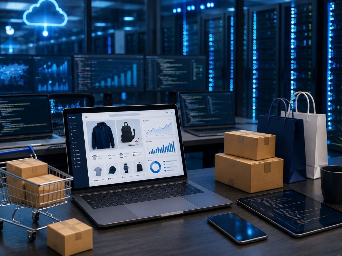 Laptop displaying an e-commerce dashboard with products, analytics, and sales reports in a cloud-powered data center environment, representing custom eCommerce development and online store management.