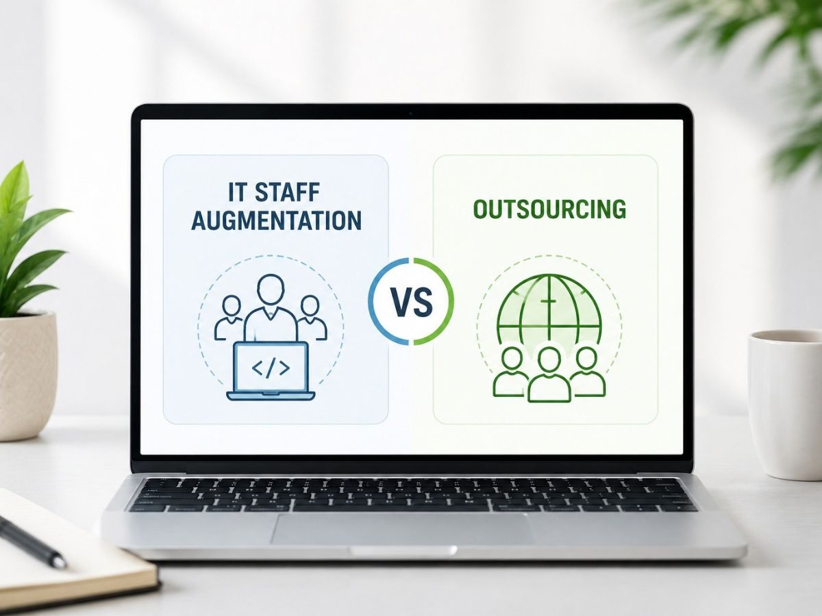 Laptop screen displaying a comparison between IT Staff Augmentation and Outsourcing with team and global workforce icons, illustrating different technology hiring and workforce management models.