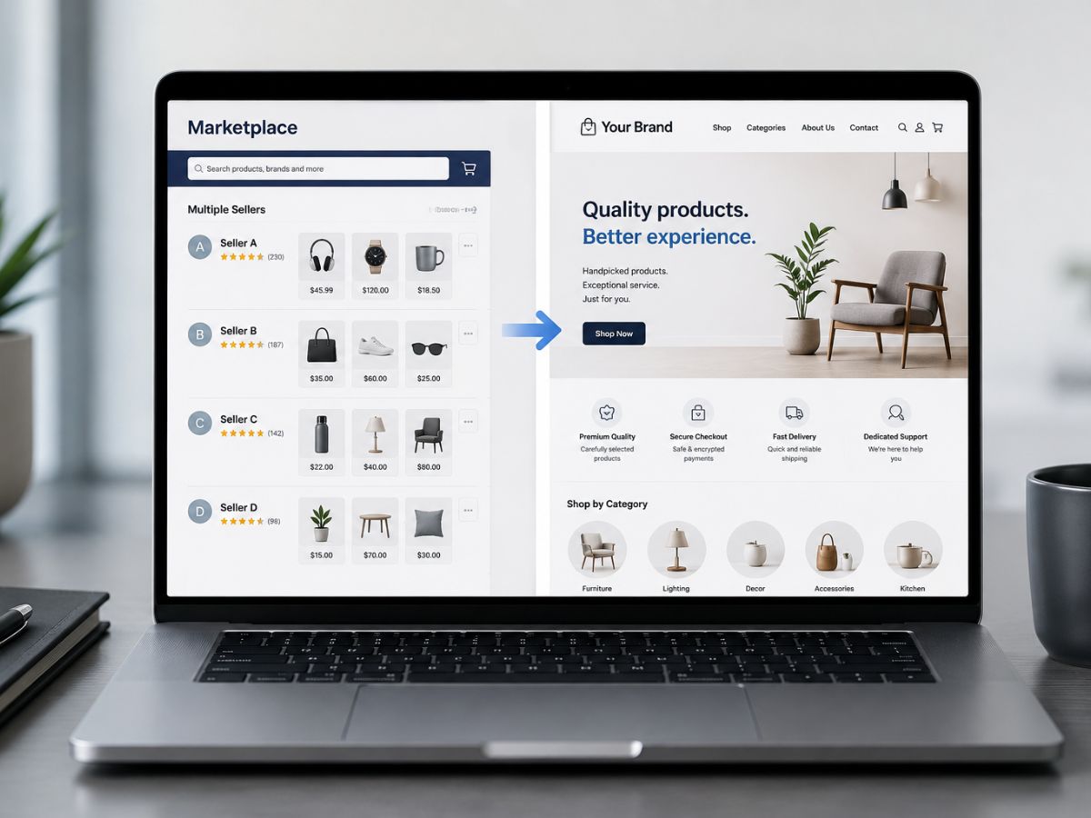 Laptop screen showing a comparison between a multi-seller marketplace and a branded ecommerce website, illustrating the shift from marketplace selling to owning an independent online store for better brand control and customer experience.