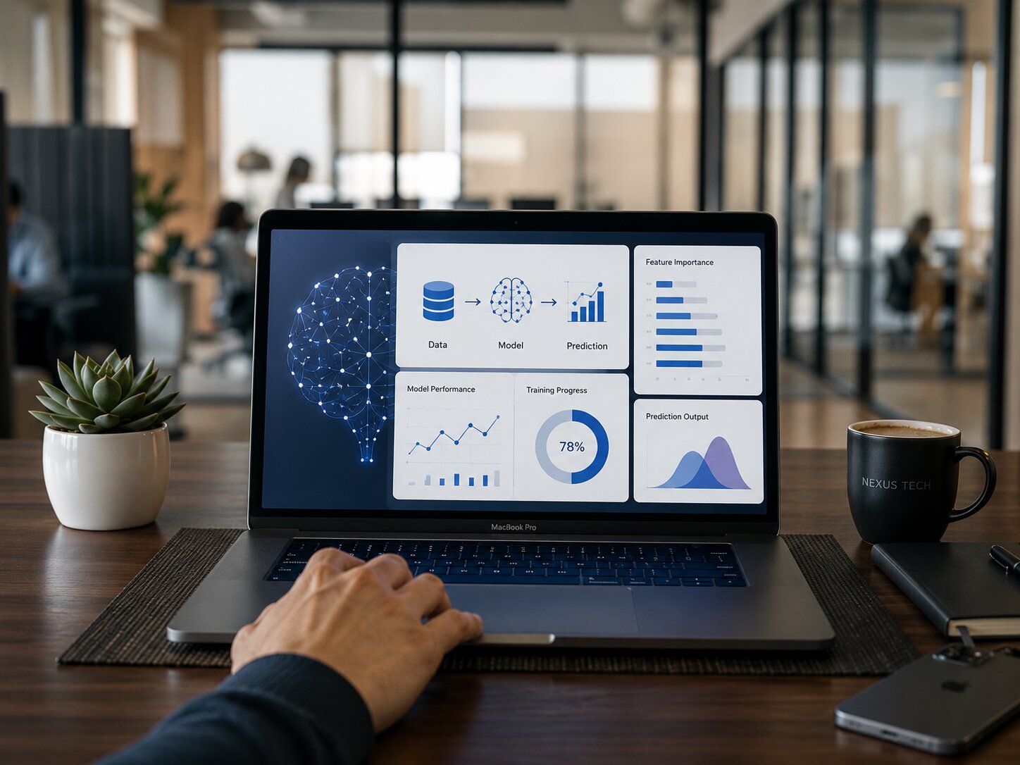 AI and machine learning dashboard displayed on a laptop screen in a modern office workspace, highlighting data analysis, predictive modeling, and intelligent automation.