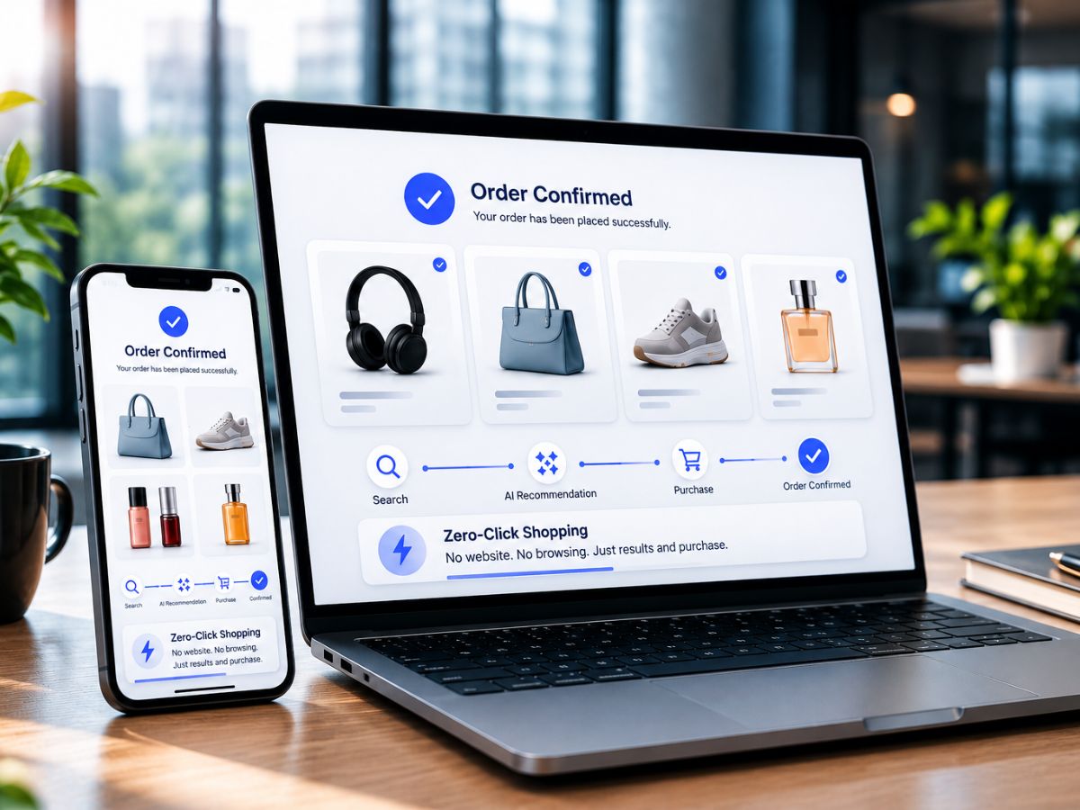Laptop and smartphone displaying a zero-click shopping interface with AI recommendations and instant order confirmation.