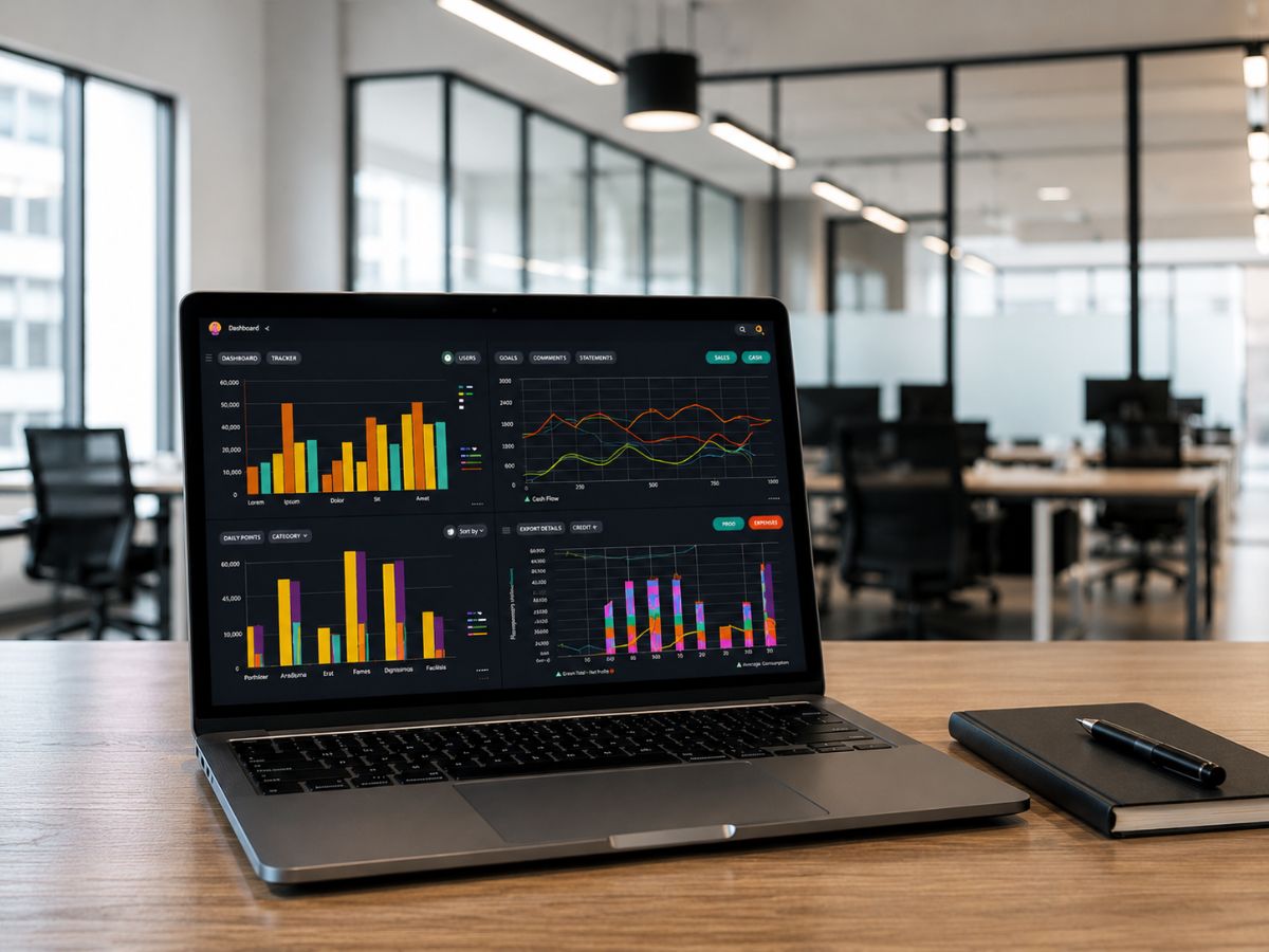 Laptop displaying business performance analytics and KPI dashboards on a desk in a modern office workspace, representing outcome-based IT staff augmentation and data-driven decision making.