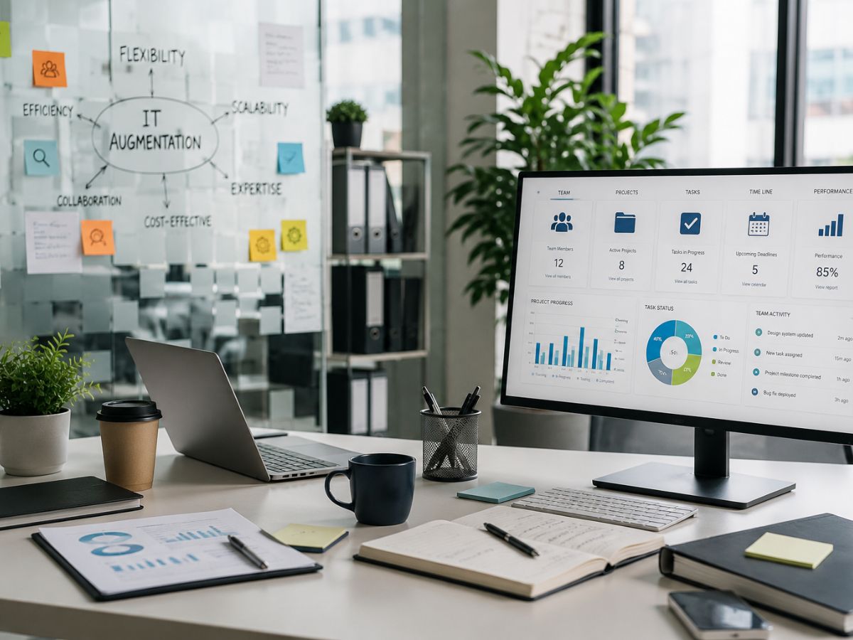 Modern business workspace with project dashboard, planning board, and collaborative office setup representing IT staff augmentation and enterprise workforce solutions.