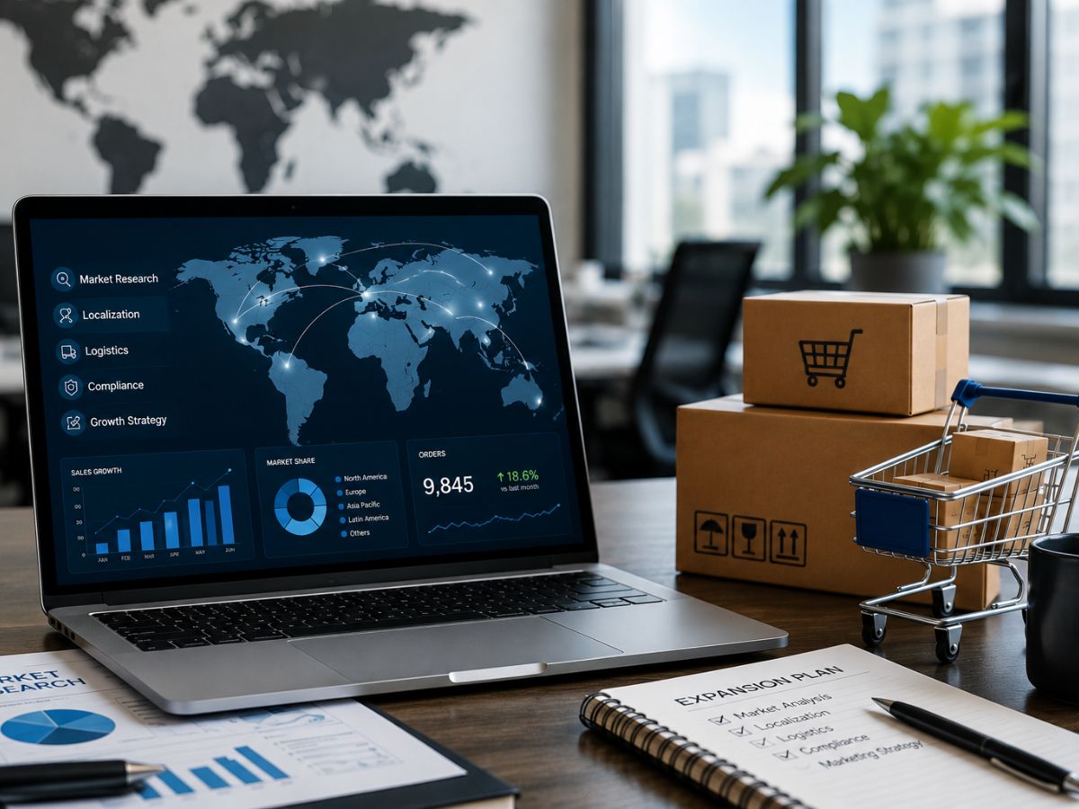 Laptop displaying an international expansion consulting dashboard with market research, logistics, compliance insights, and e-commerce shipping boxes on a modern office desk.