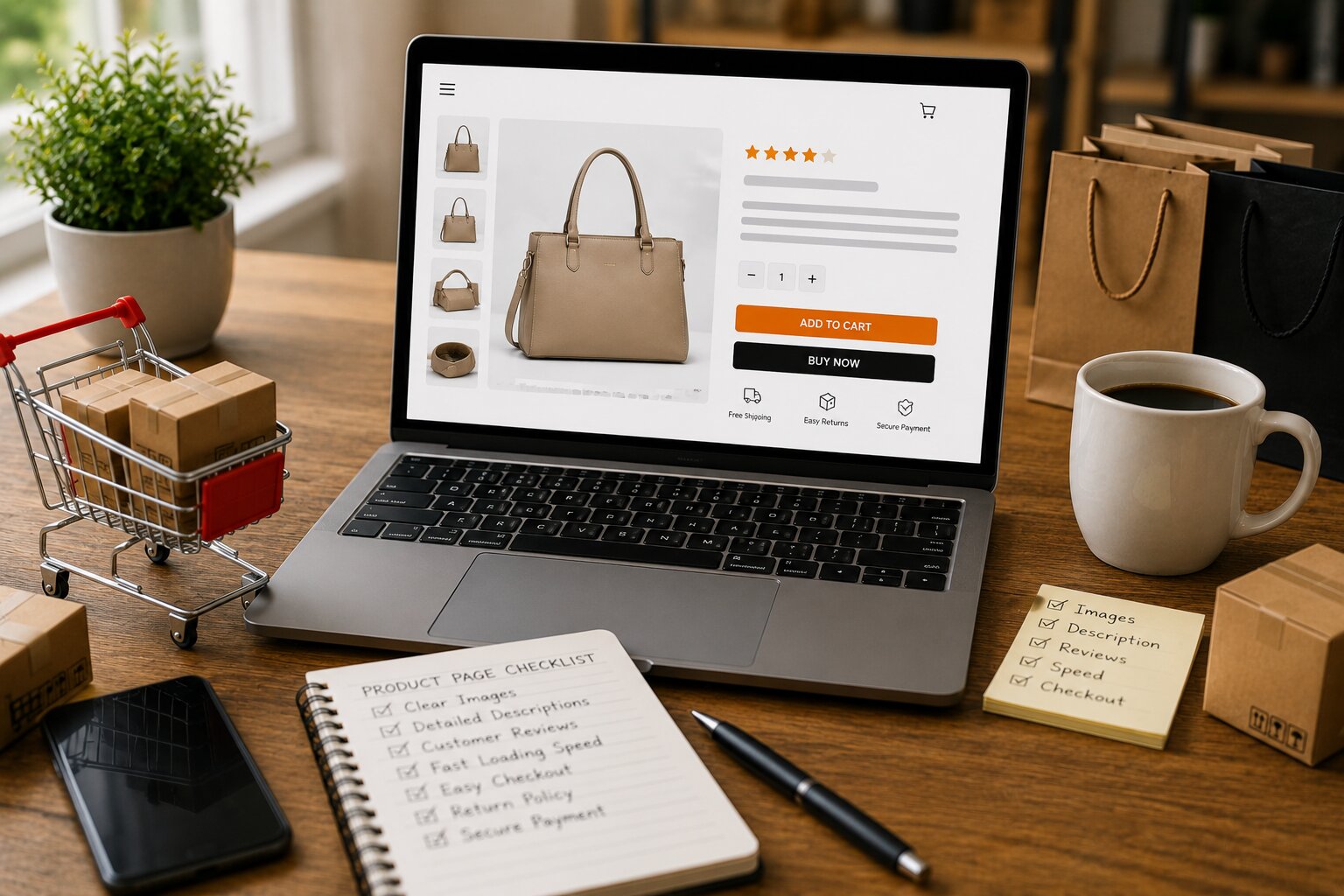 Laptop displaying an ecommerce product page with product images, shopping cart, packaging boxes, and a conversion-focused online shopping workspace.