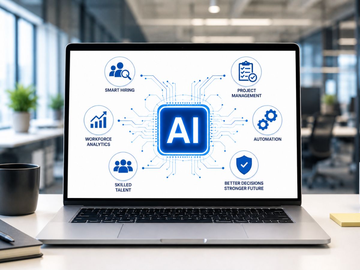 Laptop displaying AI-powered hiring, project management, automation, and workforce analytics for IT staff augmentation services in California.
