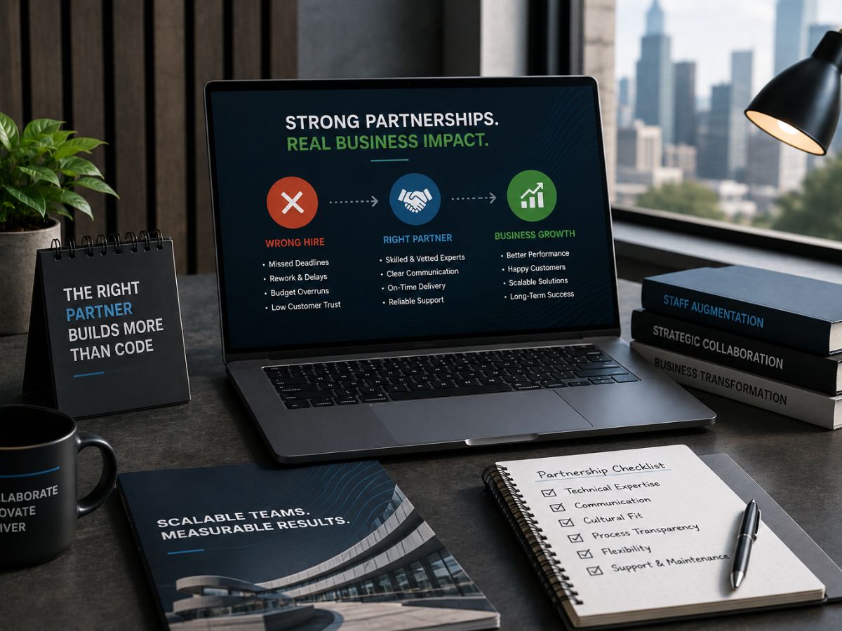 Professional office workspace showcasing the benefits of choosing the right IT staff augmentation partner for business growth with laptop presentation, partnership checklist, and strategic collaboration materials.